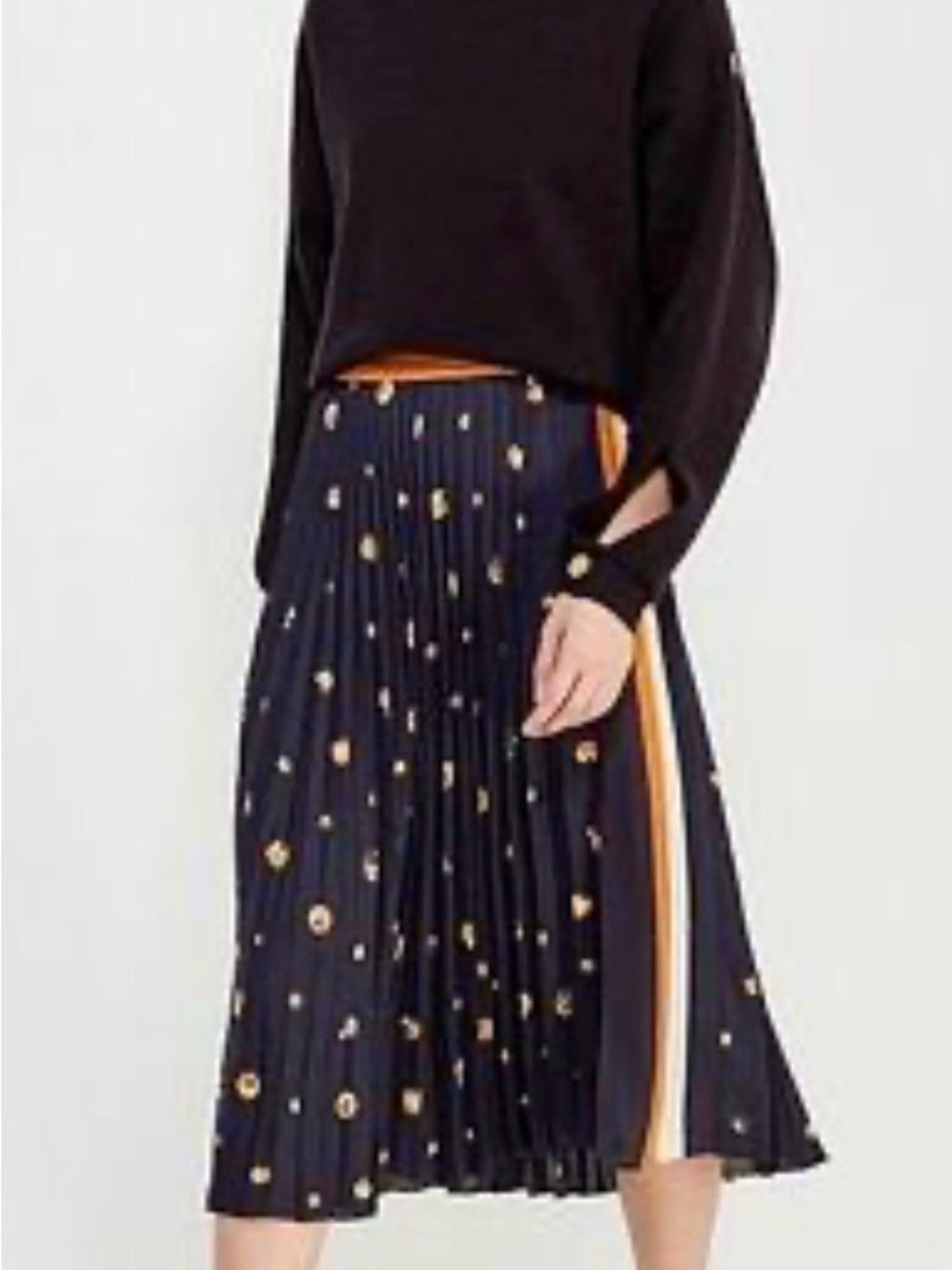 MANGO Navy Pleated Midi Skirt with Gold Dot Print and Orange Side Stripe